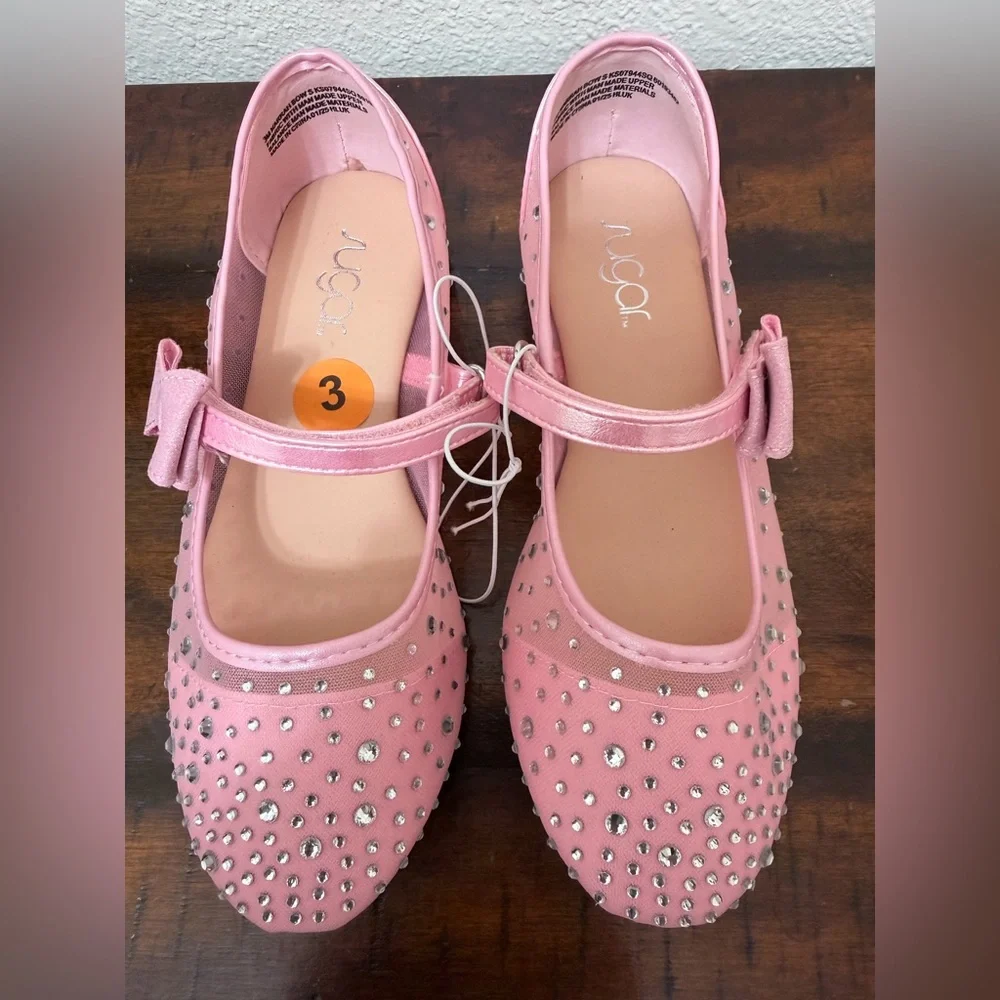 Sugar  Flats Shoes Big Girl Size 3M – Pink with Sparkly Rhinestones & Bow  New